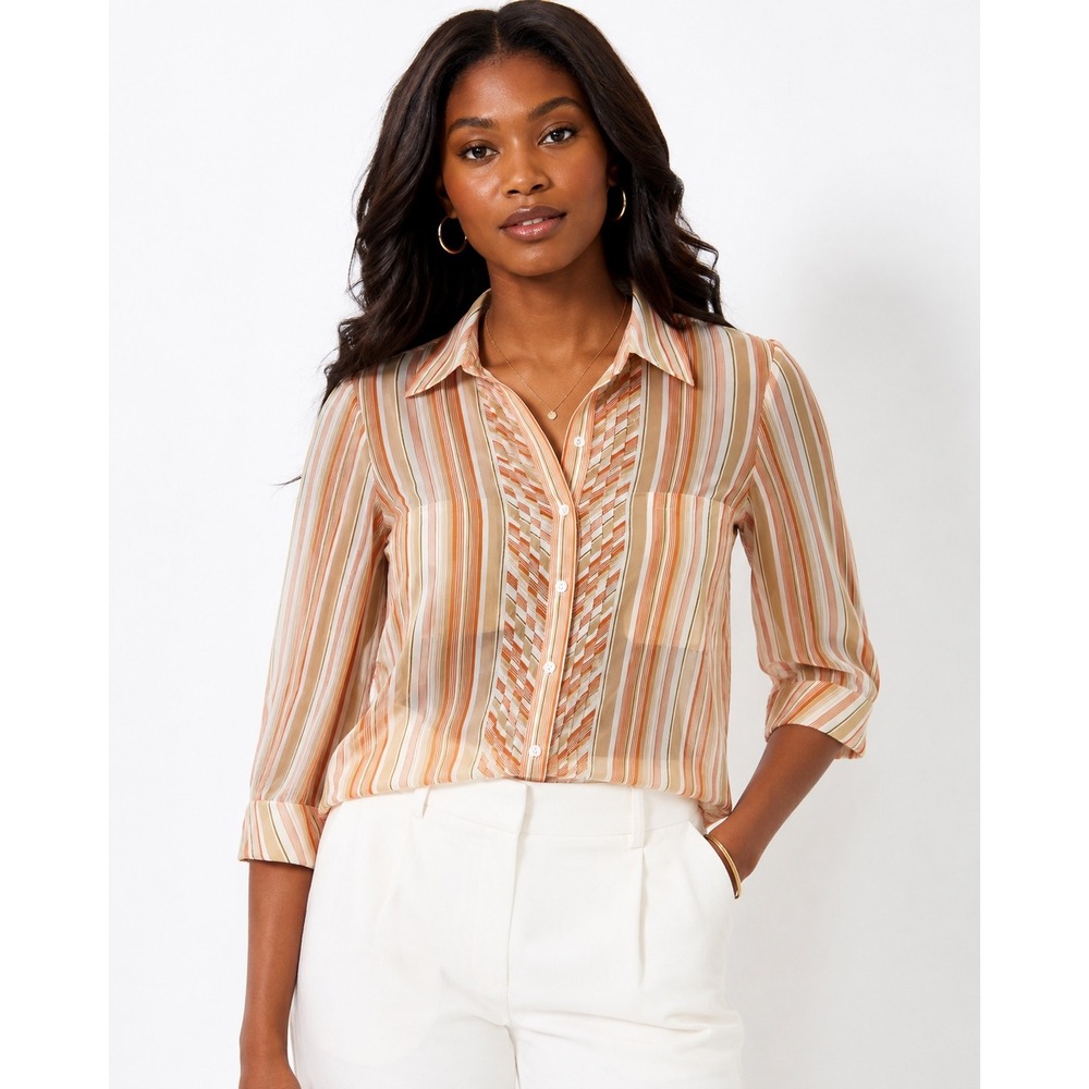 Banana Republic Sheer Old Money orange Coastal Cowgirl Stripe Button Shirt S